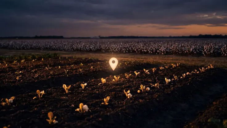 SEO company Mississippi — cotton fields stretching flat across the Delta under a wide, darkening sky, near Mississippi — Caleb Schallert.