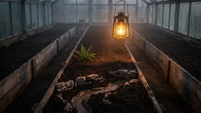 SEO company Missouri — one lit garden row beside two unlit ones, its soil like Missouri's own limestone bluffs above river bottomland — Caleb Schallert.