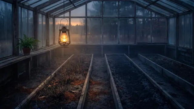 SEO company New Jersey — one lit garden row beside two unlit ones, its soil like New Jersey's own Pine Barrens by a blueberry row — Caleb Schallert.