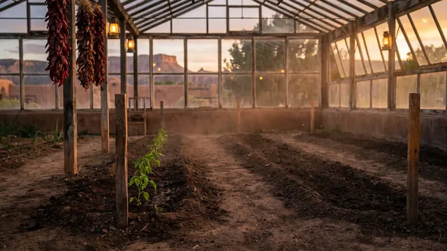 SEO Company New Mexico – What I Would Do First For A New Mexico Business – Caleb Schallert SEO company New Mexico — a garden path forking into three rows, the nearest one staked and growing like New Mexico's own chile ristras below desert mesas — Caleb Schallert.
