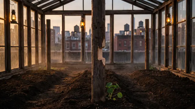 SEO company New York — three garden rows at one post, only the nearest notched, its soil like New York's own rooftop garden against the skyline — Caleb Schallert.