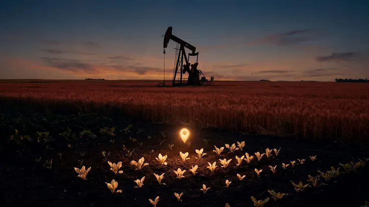 SEO company Oklahoma — red-dirt wheat fields beneath the silhouette of a single oil derrick, near Oklahoma — Caleb Schallert.