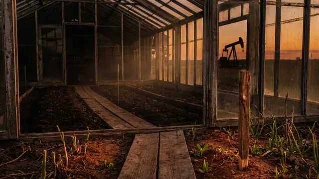 SEO company Oklahoma — a garden path forking into three rows, the nearest one staked and growing like Oklahoma's own red-dirt wheat fields by an oil derrick — Caleb Schallert.