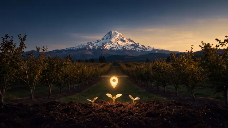 SEO Company Oregon – Digital Marketing Agency Oregon – Caleb Schallert SEO company Oregon — hazelnut orchard rows below a snow-capped Cascade peak, near Oregon — Caleb Schallert.