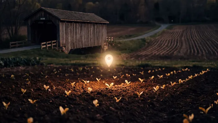 SEO company Pennsylvania — Amish farmland furrows beside a weathered wooden covered bridge, near Pennsylvania — Caleb Schallert.
