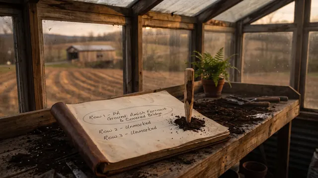 SEO company Pennsylvania — a garden ledger with one row circled and staked, its soil like Pennsylvania's own Amish farmland by a covered bridge — Caleb Schallert.