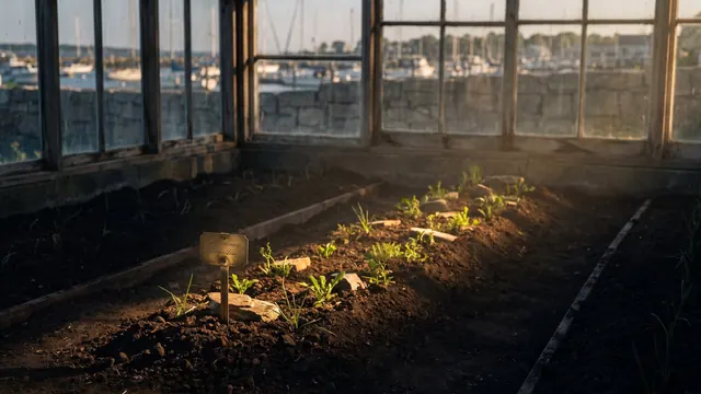 SEO company Rhode Island — one garden row tagged and lit, its soil like Rhode Island's own coastal pasture above a harbor — Caleb Schallert.