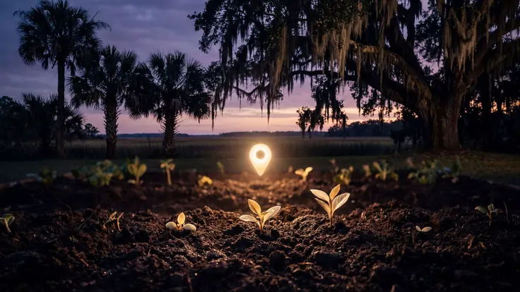 SEO company South Carolina — Lowcountry salt marsh beneath a palmetto and a moss-draped live oak, near South Carolina — Caleb Schallert.