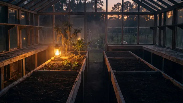 SEO company South Carolina — one lit garden row beside two unlit ones, its soil like South Carolina's own Lowcountry marsh under a live oak — Caleb Schallert.