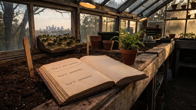 SEO Company Texas – What I Would Do First For A Texas Business – Caleb Schallert SEO company Texas — a garden ledger with one row circled and staked, its soil like Texas's own hill-country oaks by a city skyline — Caleb Schallert.