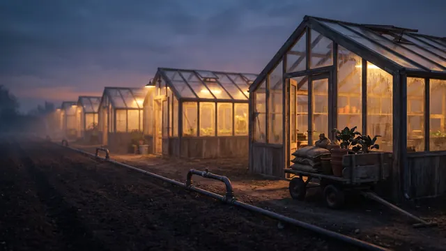 SEO company USA — a chain of small greenhouses along one shared line, each lit the same way — Caleb Schallert.