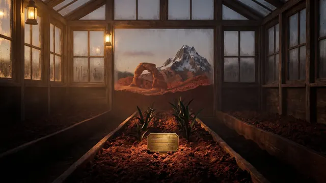 SEO Company Utah – What I Would Do First For A Utah Business – Caleb Schallert SEO company Utah — one garden row tagged and lit, its soil like Utah's own red-rock arch below a snowy peak — Caleb Schallert.