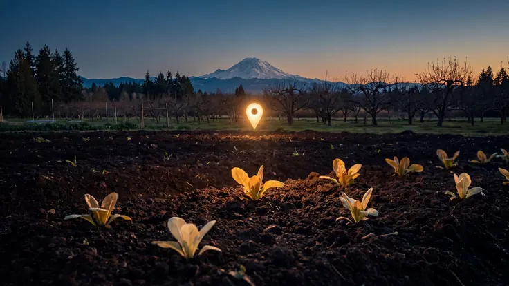 SEO company Washington — apple orchard rows below a snow-capped Mount Rainier, evergreen tree line, near Washington — Caleb Schallert.