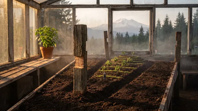 SEO company Washington — three garden rows at one post, only the nearest notched, its soil like Washington's own apple orchard below Mount Rainier — Caleb Schallert.