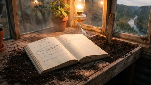 SEO Company West Virginia – What I Would Do First For A West Virginia Business – Caleb Schallert SEO company West Virginia — a garden ledger with one row circled and staked, its soil like West Virginia's own Appalachian ridge over a river gorge — Caleb Schallert.
