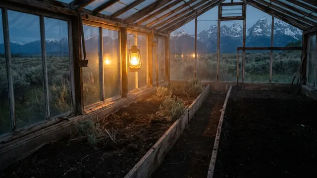 SEO company Wyoming — one lit garden row beside two unlit ones, its soil like Wyoming's own sagebrush plain below the Tetons — Caleb Schallert.