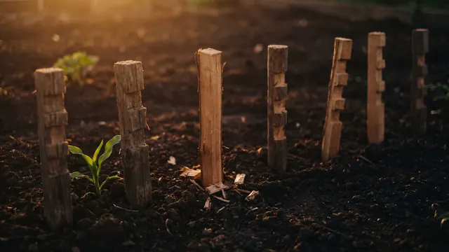 SEO Consulting Services – How I Deliver It, Step By Step – Caleb Schallert SEO consulting services — seven numbered stakes placed in order down a garden row at dusk — Caleb Schallert.