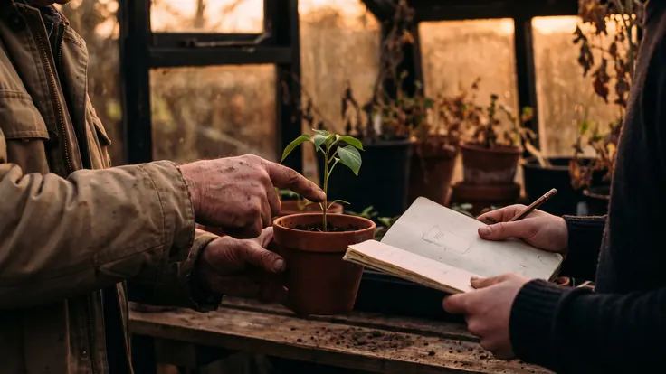 SEO Consulting Services – SEO Consultant – Caleb Schallert SEO consulting services — a gardener's weathered hands pointing at a young plant's stem while another pair of hands takes notes — Caleb Schallert.