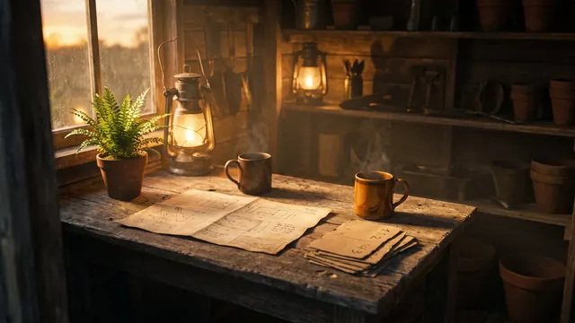 SEO Consulting Services – What's Included – Caleb Schallert SEO consulting services — a folded architecture map, numbered planting cards, and two mugs on a potting-shed table — Caleb Schallert.