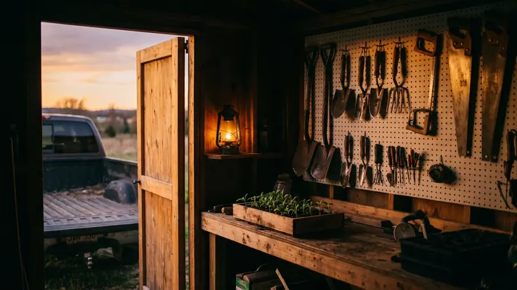 SEO For Contractors – Home Services Marketing – Caleb Schallert SEO for contractors — an ordered tool wall with a truck tailgate and seedlings ready to load — Caleb Schallert.