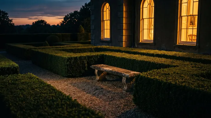 SEO For Lawyers – Law Firm Marketing – Caleb Schallert SEO for lawyers — a precisely clipped box-hedge garden at dusk beneath tall lit windows — Caleb Schallert.