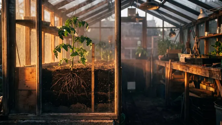 SEO Services – SEO Agency – Caleb Schallert SEO services — a raised bed cut open against glass, the roots running far deeper than the plant, a wooden ruler standing in the soil — Caleb Schallert.