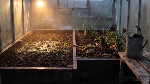 SEO vs SEM — two beds side by side, one freshly watered with new sprouts, one established and still thriving with an empty can beside it — Caleb Schallert.