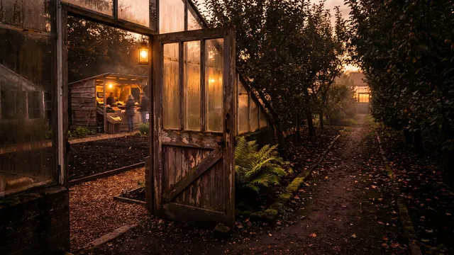 SEO vs SEM — one gate opening onto two forking paths, a short lit path and a long orchard row — Caleb Schallert.