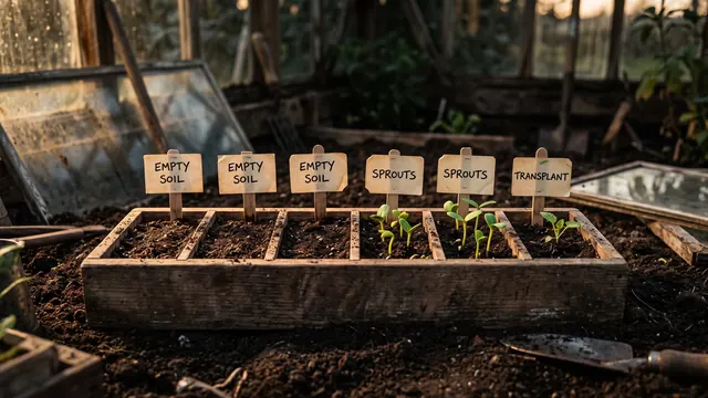 Small business web design — a six-cell seed tray showing soil, seedlings, and a fresh transplant in progress — Caleb Schallert.