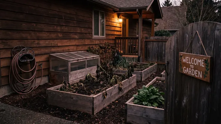 Small business web design — a tidy backyard vegetable garden with three raised beds, a cold frame and a hand-painted sign on the gate at dusk — Caleb Schallert.