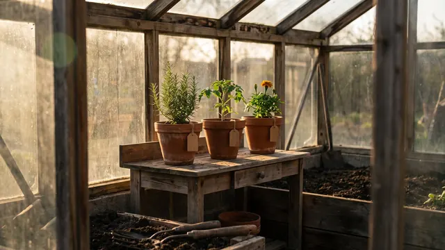 Small business web design — three terracotta pots with blank wooden tags on a compact potting bench — Caleb Schallert.