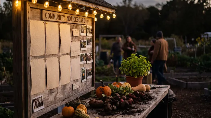 Social Media Management Services – Social Media Manager – Caleb Schallert Social media management services — a community garden noticeboard of pinned cards and photos with fresh produce on the table below at dusk — Caleb Schallert.