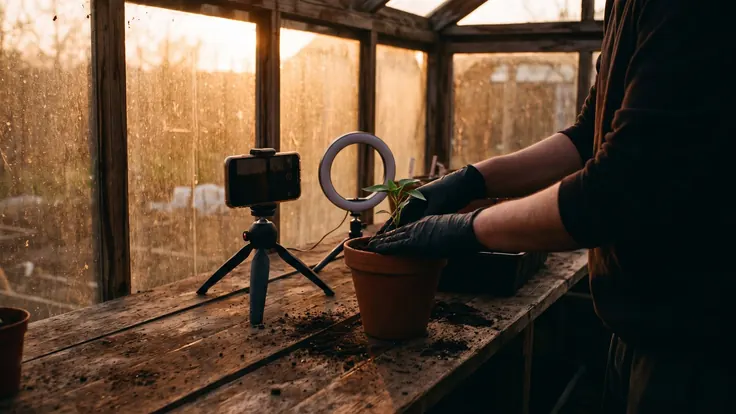 Social Media Video Production – Short Form Video – Caleb Schallert Social media video production — a phone on a small tripod filming hands potting a seedling on a greenhouse bench at dusk — Caleb Schallert.