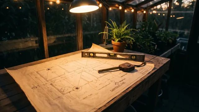 Technical SEO services — a greenhouse floor plan on paper with drains marked, a level and a tape on it — Caleb Schallert.