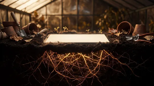 SEO basics shown as roots underground holding up the glowing screen above — crawling, indexing, and serving, all happening out of sight.