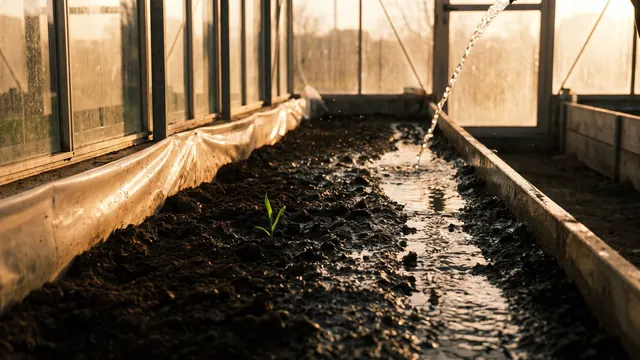 Technical SEO services — water reaching the far end of a long raised bed, the whole row evenly dark — Caleb Schallert.