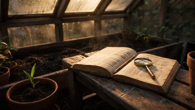 Video marketing services — an open garden almanac with a magnifying glass over one seasonal row — Caleb Schallert.