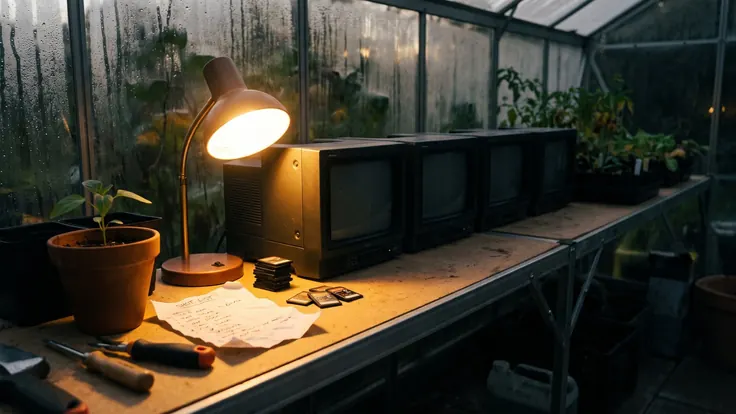 Video marketing services — a greenhouse bench with a row of dark monitors, a desk lamp, memory cards and a shot list beside a seedling — Caleb Schallert.