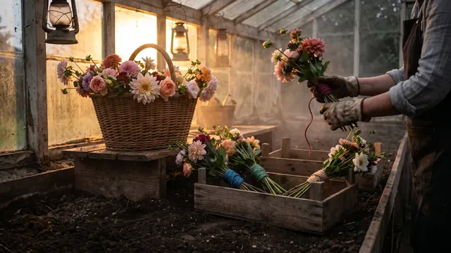 Video marketing services — cut flowers being sorted into color-tied bundles headed for different crates — Caleb Schallert.