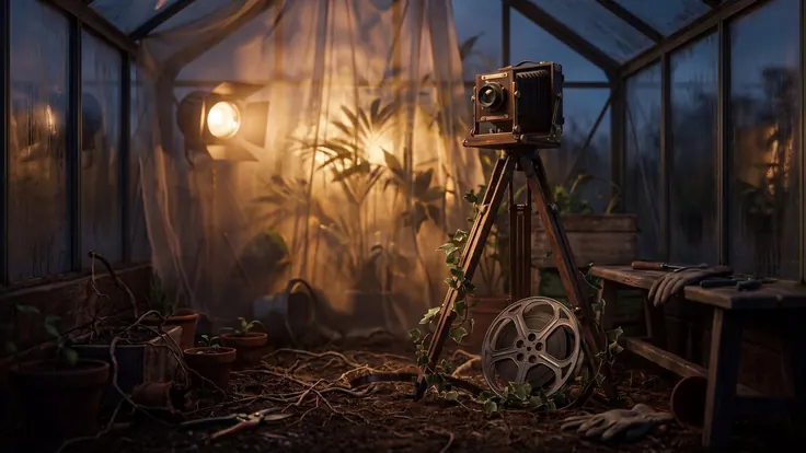 Video Production Service – Video Production Services – Caleb Schallert Video production service — a vintage film camera on a wooden tripod lit by a single stage light in a dusk greenhouse, a film reel wound with ivy at its feet — Caleb Schallert.