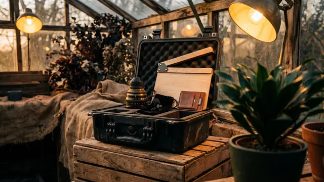 Video Production Service – What I Produce – Caleb Schallert Video production service — an open equipment case with a cinema lens, a lav mic, a blank slate and a card wallet — Caleb Schallert.