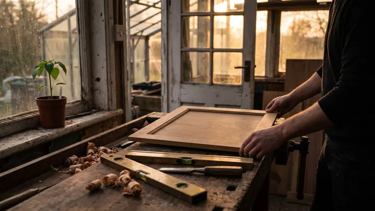 Web Design Services – Custom Website Design – Caleb Schallert Web design services — a cabinet door being fitted by hand on a carpenter's bench, the joinery tight, a level and a chisel beside it — Caleb Schallert.