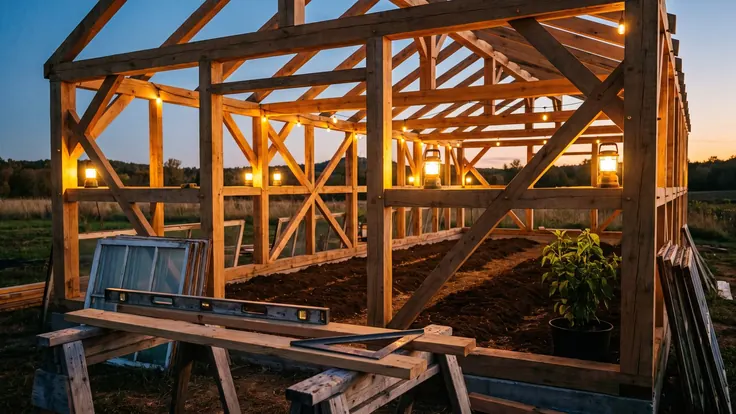 Web Development Services – Web Development Company – Caleb Schallert Web development services — a timber greenhouse frame squared and braced under construction, a level and framing square on a sawhorse, glass panes ready — Caleb Schallert.