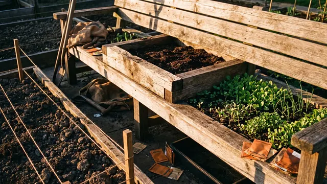 Website designer — a garden build in three stages on one bench: string lines, a framed bed, a planted bed — Caleb Schallert.