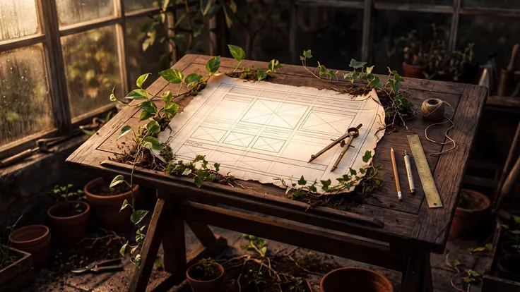 Website designer — a glowing wireframe blueprint on a wooden drafting table, vines and roots growing straight up through the plan — Caleb Schallert.
