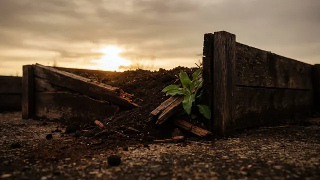 Website designer — a rotten timber bed collapsed at one corner, soil spilling, a plant still trying — Caleb Schallert.