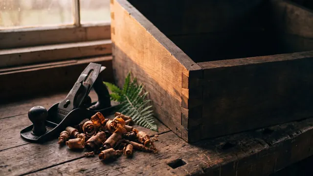 Website designer — a dovetail corner of a cold frame with a hand plane and shavings beside it — Caleb Schallert.