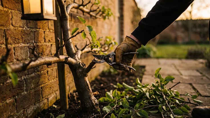 Website Maintenance Services – Website Care Plans – Caleb Schallert Website maintenance services — pruning shears mid-cut on an espaliered fruit tree against a warm brick wall, cuttings on the ground — Caleb Schallert.