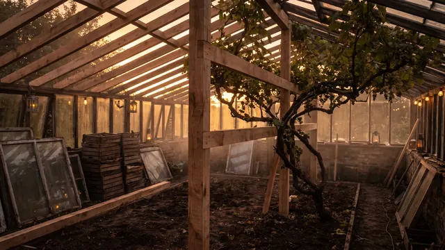 Website redesign services — new greenhouse posts being built carefully around an undisturbed mature grapevine — Caleb Schallert.