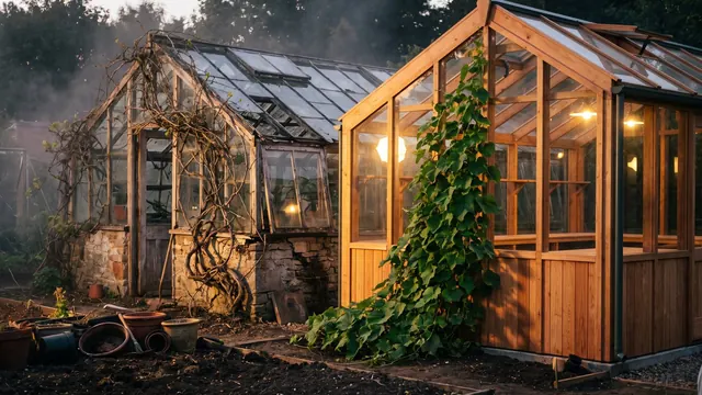 Website redesign services — a listing old greenhouse beside a rebuilt one carrying the same mature vine — Caleb Schallert.
